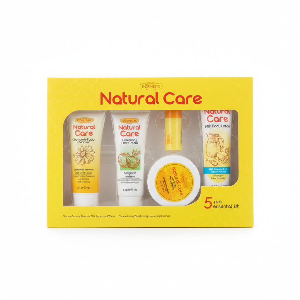 Natural Care product set on a wooden surface with a person's leg in black pants partially visible.