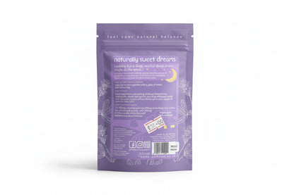 Purple package with text and graphics on a white background