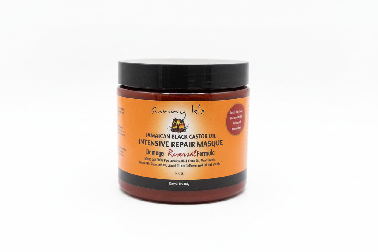 Jamaican Black Castor Oil Intensive Repair Masque jar on a wooden surface