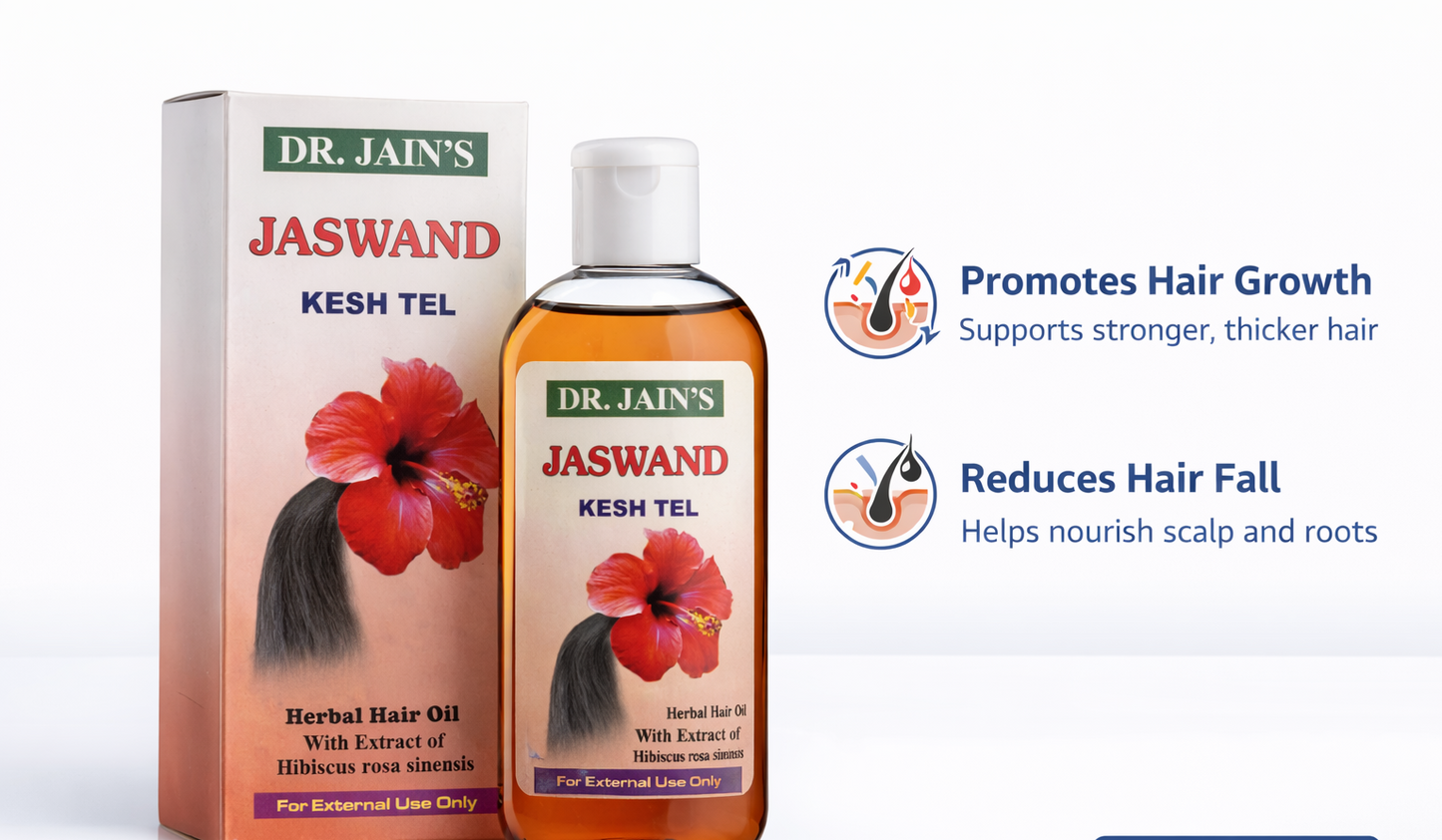 Dr. Jain's Jaswand Kesh Tel hair oil bottle and packaging with promotional text on a white background