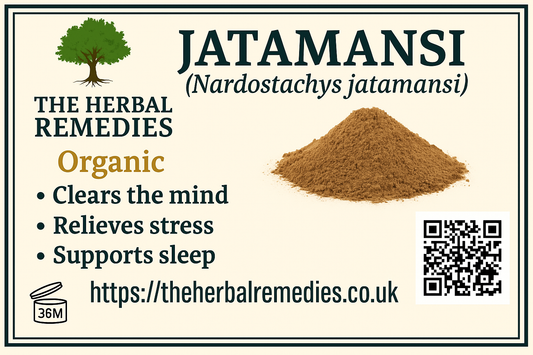Jatamansi powder with promotional text and QR code on a beige background