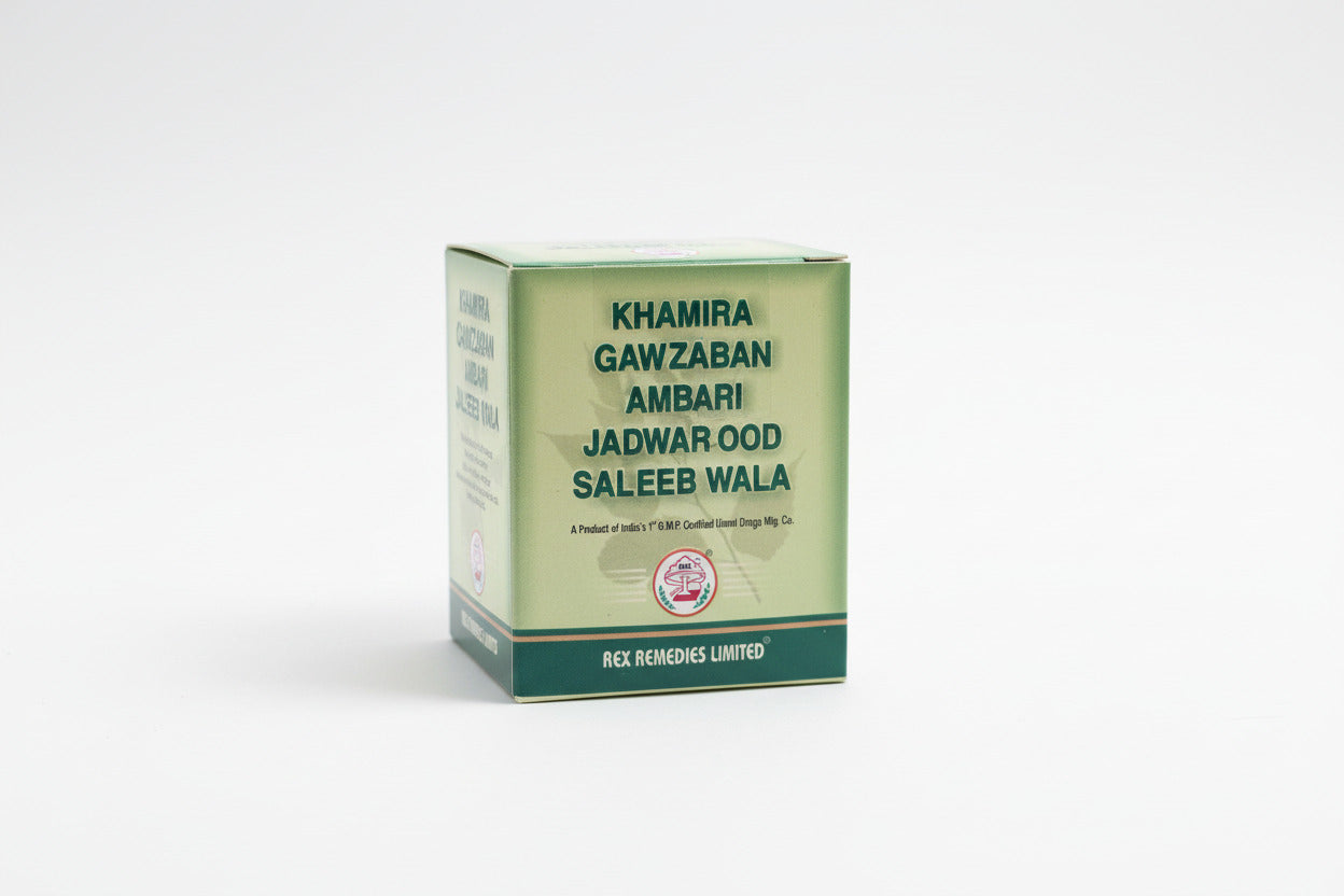 Box of Khamira Gawzaban Ambari Jadwar Ood Saleeb Wala from Rex Remedies Limited on a white background.