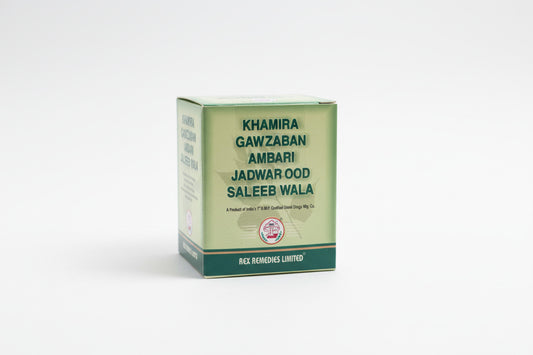 Box of Khamira Gawzaban Ambari Jadwar Ood Saleeb Wala from Rex Remedies Limited on a white background.