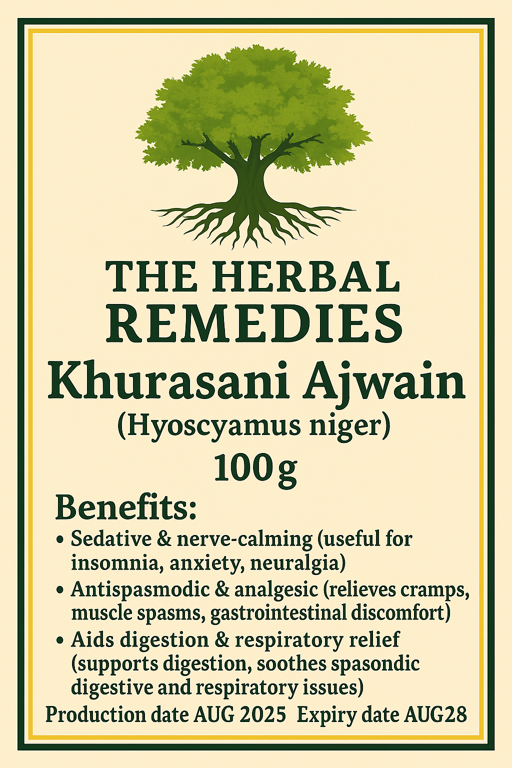 Herbal remedies label for Khurasani Ajwain with tree illustration and text on a beige background