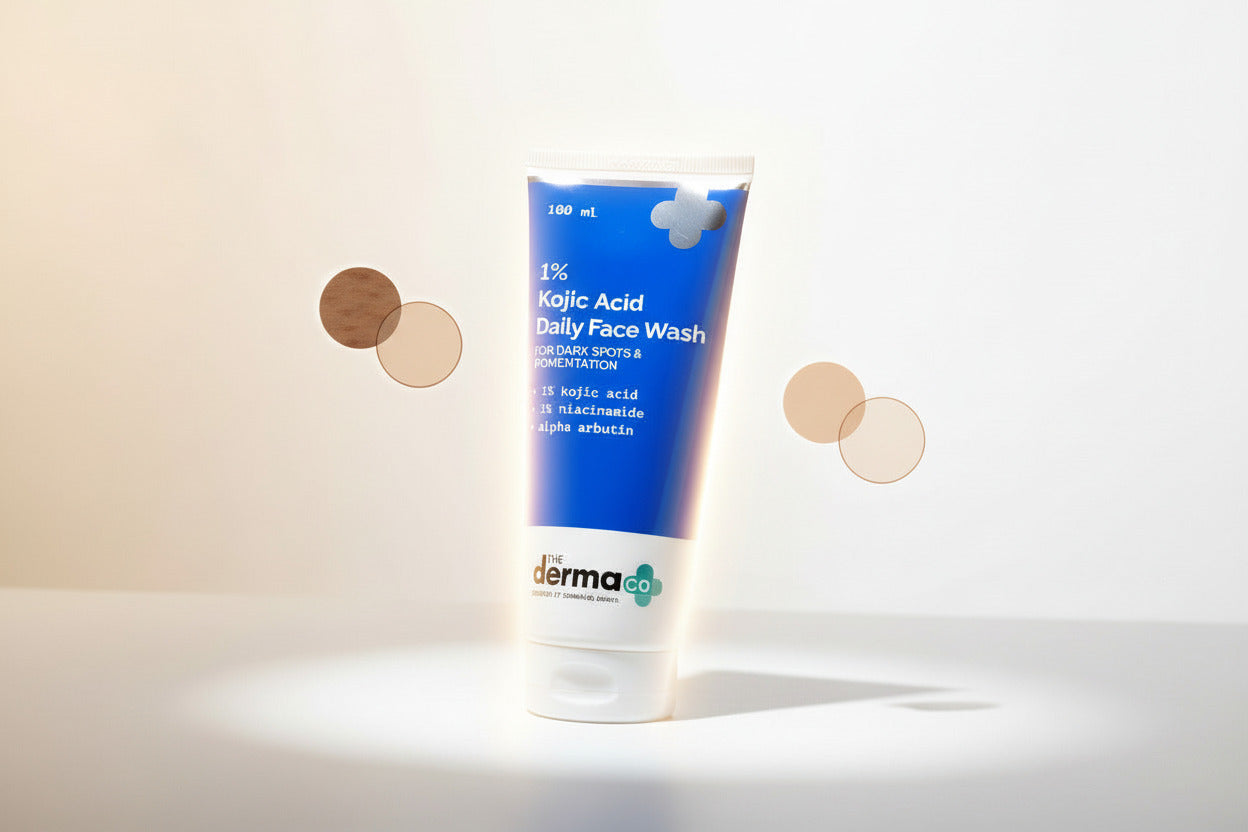 Tube of The Derma Co. 1% Kojic Acid Daily Face Wash on a beige surface