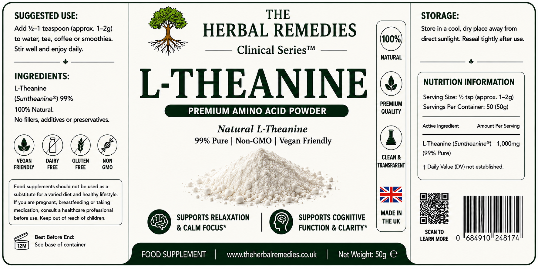Label of L-Theanine powder from The Herbal Remedies Clinical Series