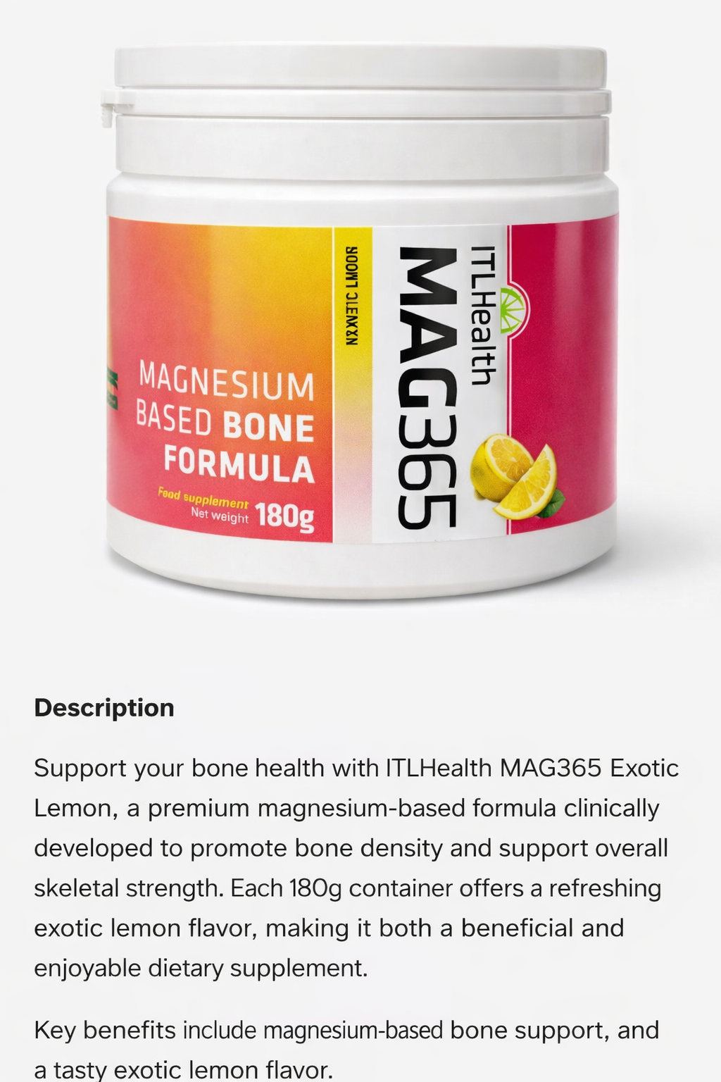 ITL Health MAG365 Exotic Lemon supplement container on a white background
