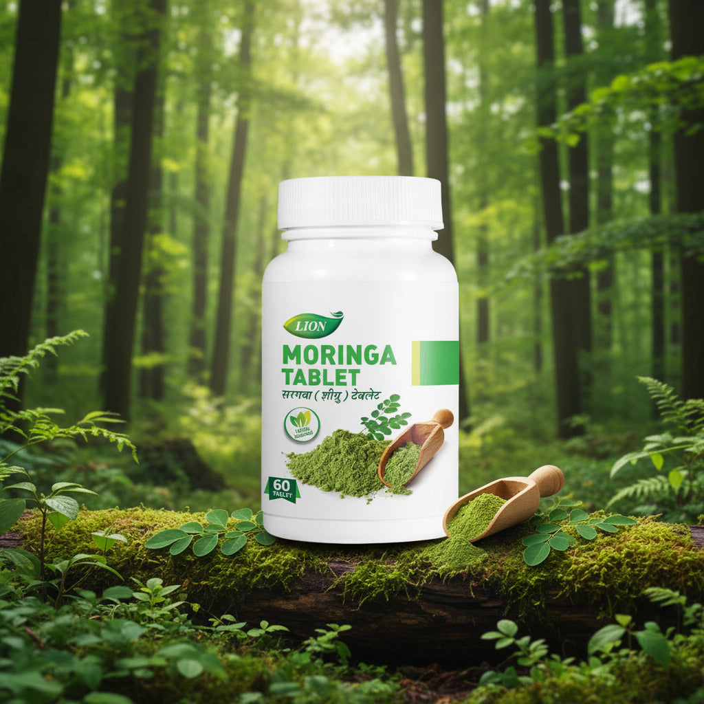 A white plastic bottle of Lion Moringa Tablet with a white cap, featuring a label with green text, a green leaf logo, and an illustration of green powder in a wooden scoop.