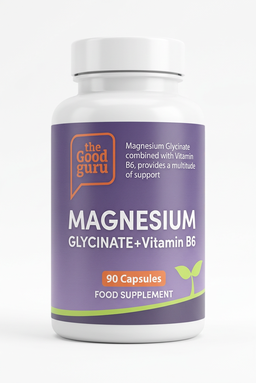 A close-up of a dark purple bottle of Magnesium Glycinate with Vitamin B6, showing white text and a gold seal on the label.