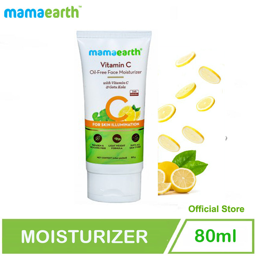 Mamaearth Vitamin C oil-free face moisturizer with lemon slices on a white background