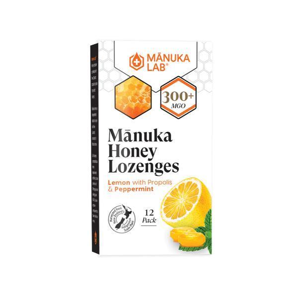 Manuka Honey Lozenges with Lemon, Peppermint &amp; Propolis (12 Pack) are soothing throat lozenges combining high-grade 300MGO Manuka honey with propolis, lemon, and peppermint. These ingredients work synergistically to alleviate throat discomfort and support respiratory health.