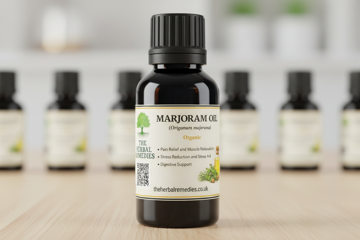 Marjoram oil packaging with tree illustration, QR code, and text on a white background