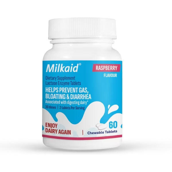 MilkAid Lactase Enzyme Chewable Tablets – Raspberry Flavour (60 Tablets)