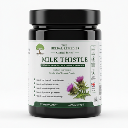 Milk Thistle supplement label with herbal imagery and text.