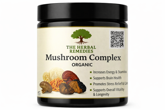 Jar of 'Mushroom Complex' from The Herbal Remedies on a white background