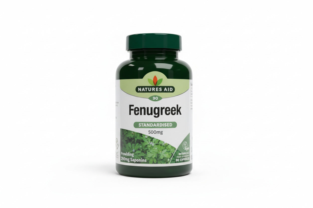 Natures Aid Fenugreek supplement bottle on a light background