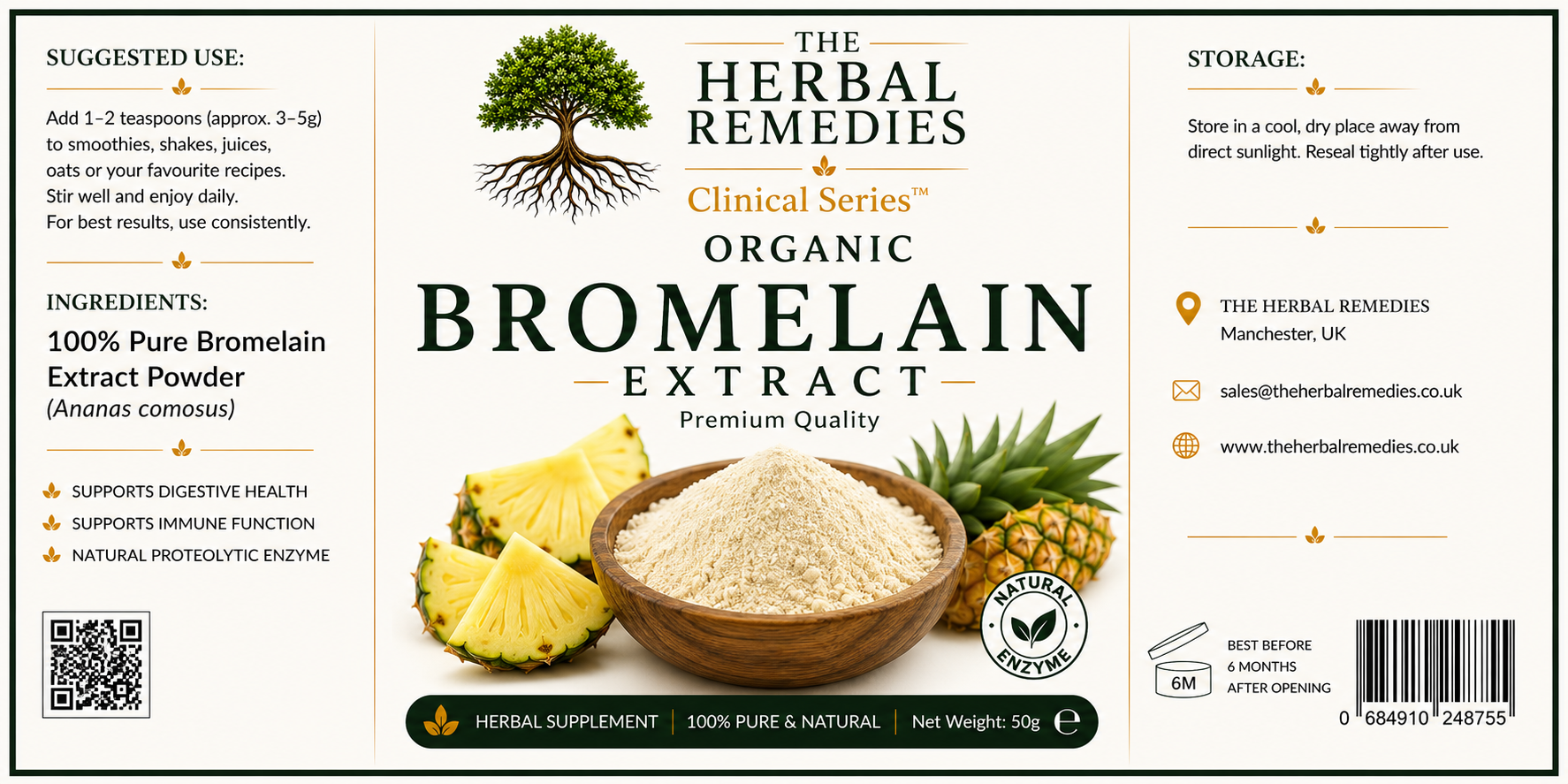 Label of The Herbal Remedies Clinical Series Organic Bromelain Extract with ingredients and storage information.