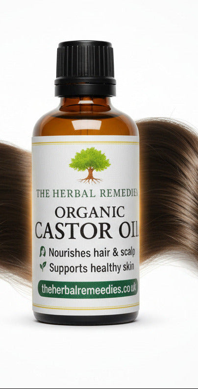 Bottle of Organic Castor Oil with a white label featuring branding and product information.