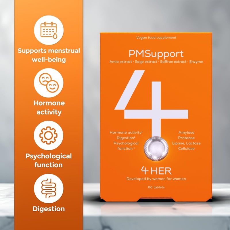 PMSupport, the 60‑tablet vegan supplement designed to support your menstrual cycle and reduce PMS symptoms: