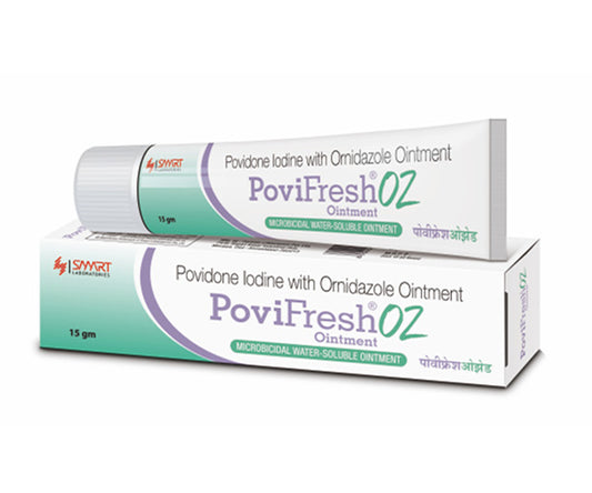 Povifresh ointment packaging, which includes a tube and box, with branding and product information displayed.
