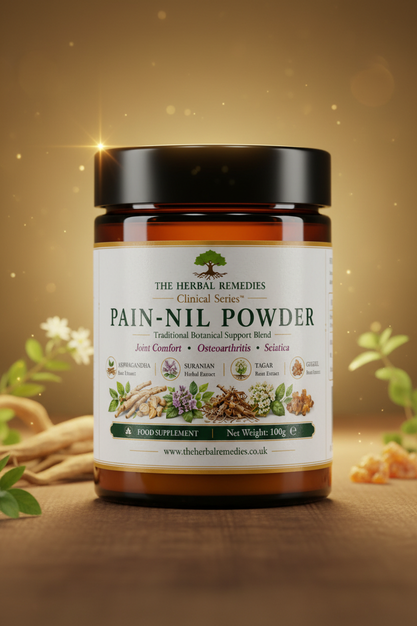 Traditional Ayurvedic Pain Powder with Ashwagandha, Suranjan, Tagar, Yograj Guggul and Maha Rasnadi Quath, formulated for joint comfort, mobility and musculoskeletal wellbeing.