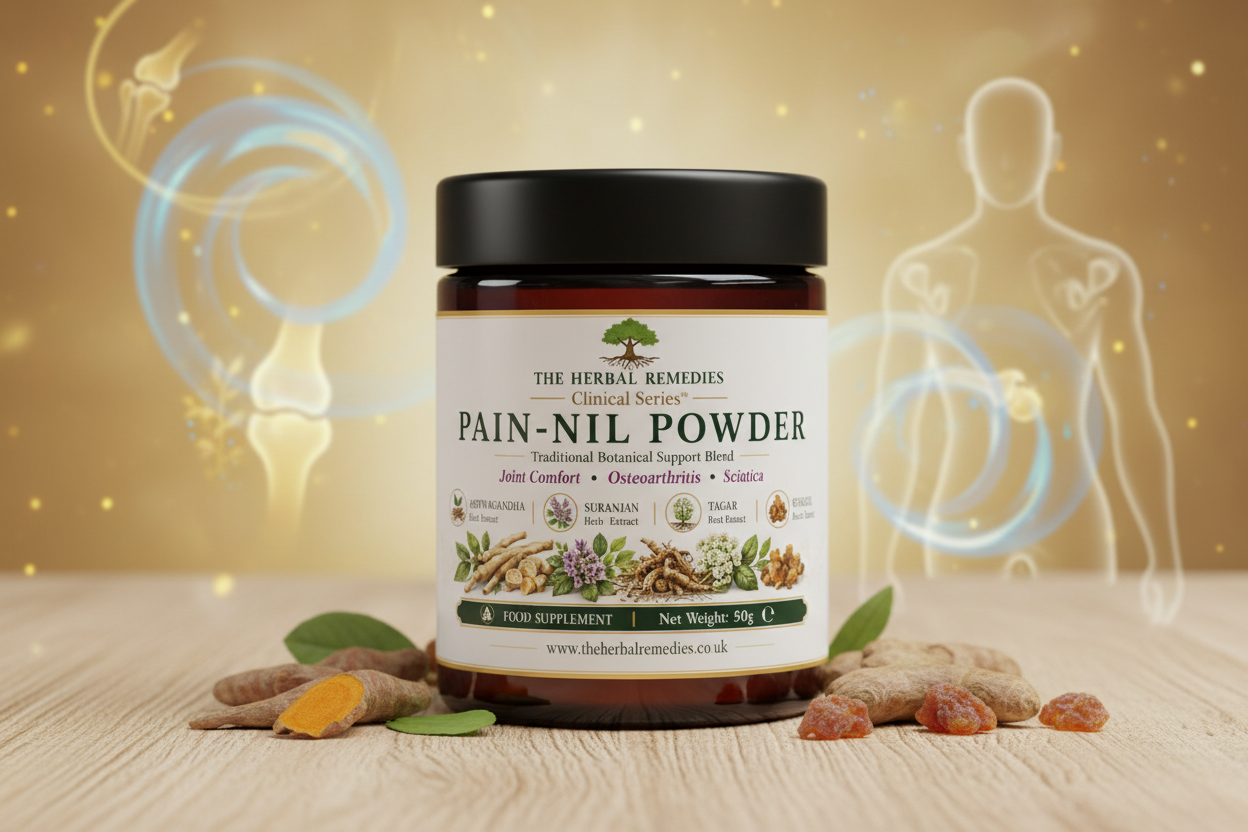 Traditional Ayurvedic Pain Powder with Ashwagandha, Suranjan, Tagar, Yograj Guggul and Maha Rasnadi Quath, formulated for joint comfort, mobility and musculoskeletal wellbeing.