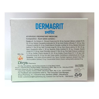 Dermagrit Tablet  60 tablets  help manage skin ailments like itching, eczema, skin allergies, rashes, and ringworm.