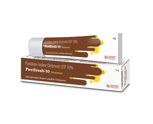 A box and tube of Povidone-Iodine Ointment USP, with branding and dosage information displayed.