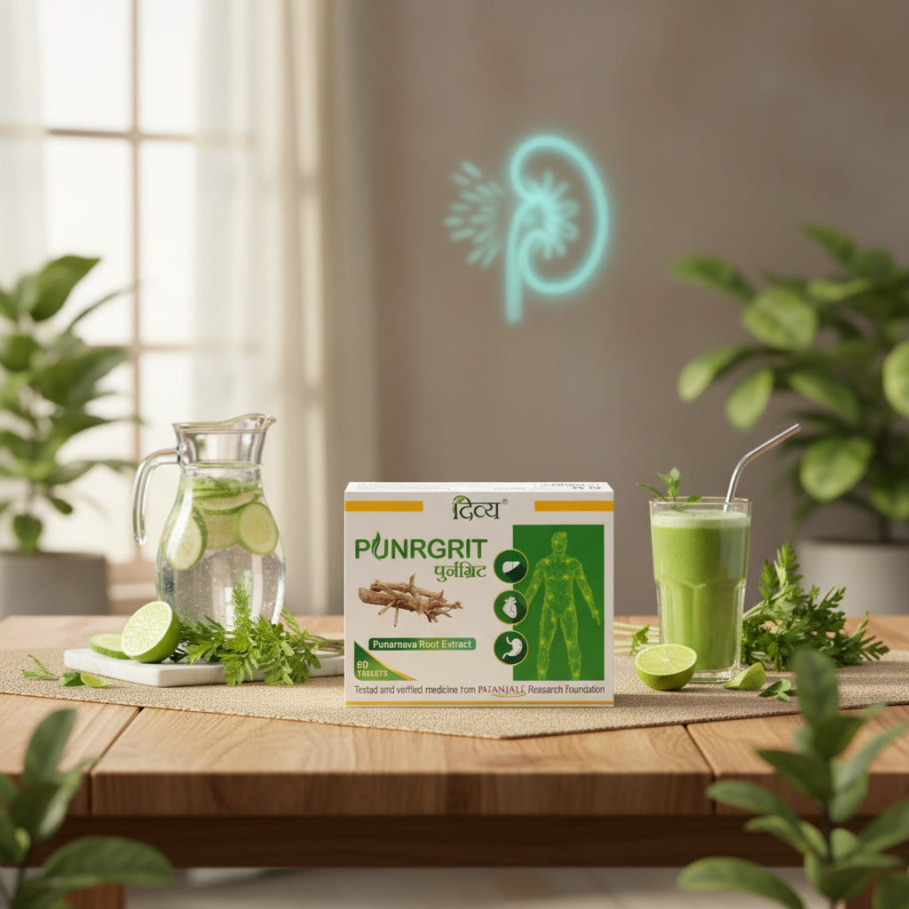 Patanjali Divya Punrgrit with Punarnava Root Extract, traditionally used in Ayurveda to support kidney health, urinary wellness, healthy fluid balance and vitality.