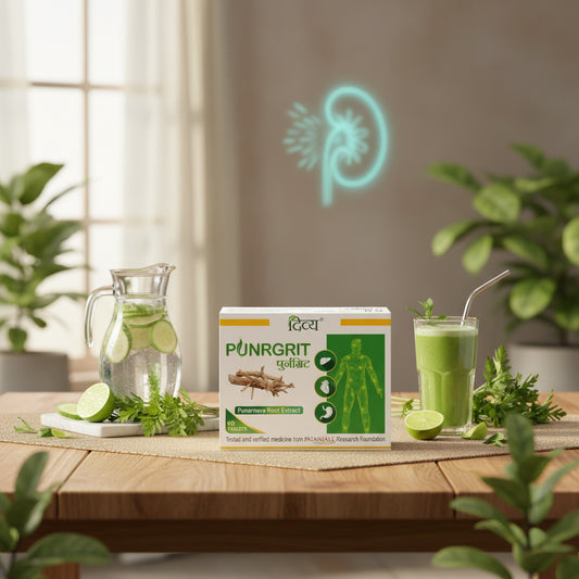 Patanjali Divya Punrgrit with Punarnava Root Extract, traditionally used in Ayurveda to support kidney health, urinary wellness, healthy fluid balance and vitality.
