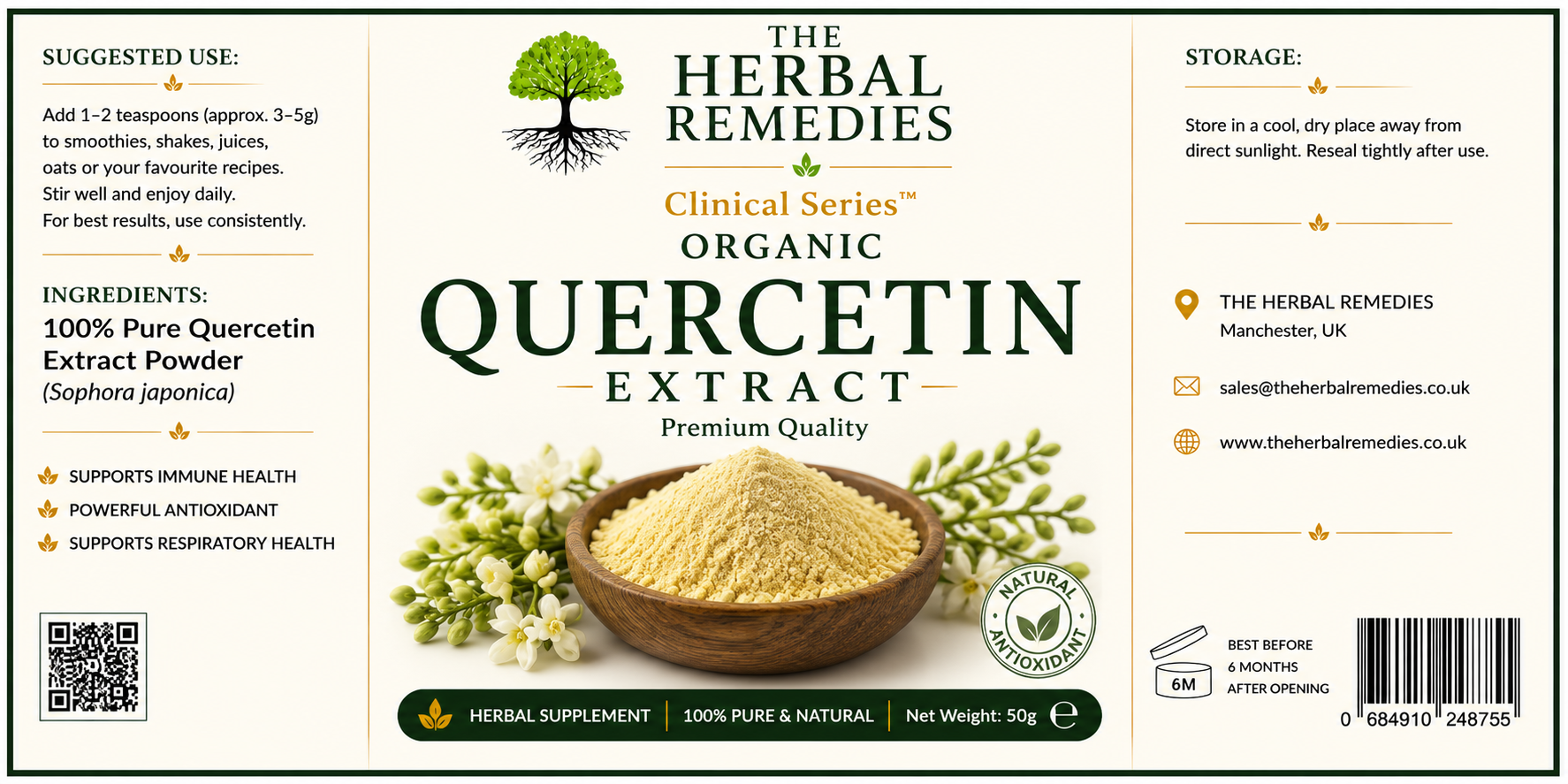 Label of The Herbal Remedies Organic Quercetin Extract Powder with ingredients and storage information.