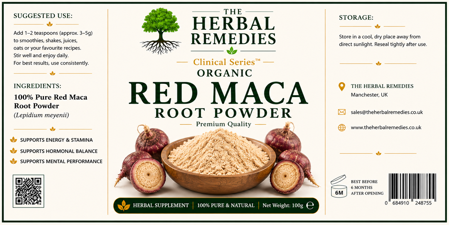 Label of The Herbal Remedies Organic Red Maca Root Powder with ingredients and storage information.