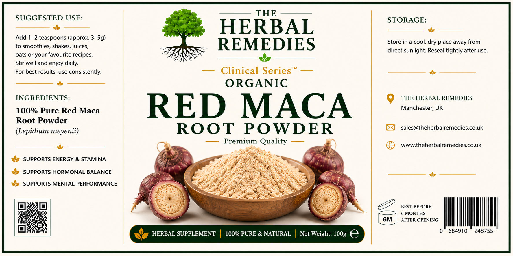 Label of The Herbal Remedies Organic Red Maca Root Powder with ingredients and storage information.