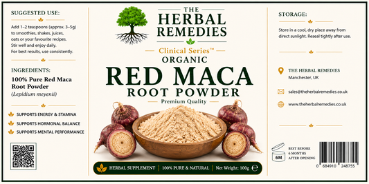 Label of The Herbal Remedies Organic Red Maca Root Powder with ingredients and storage information.