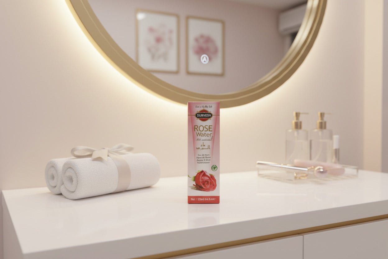 Durvesh Rose Water packaging on a wooden surface