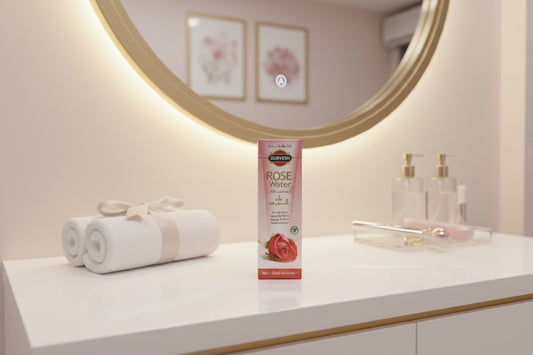 Durvesh Rose Water packaging on a wooden surface