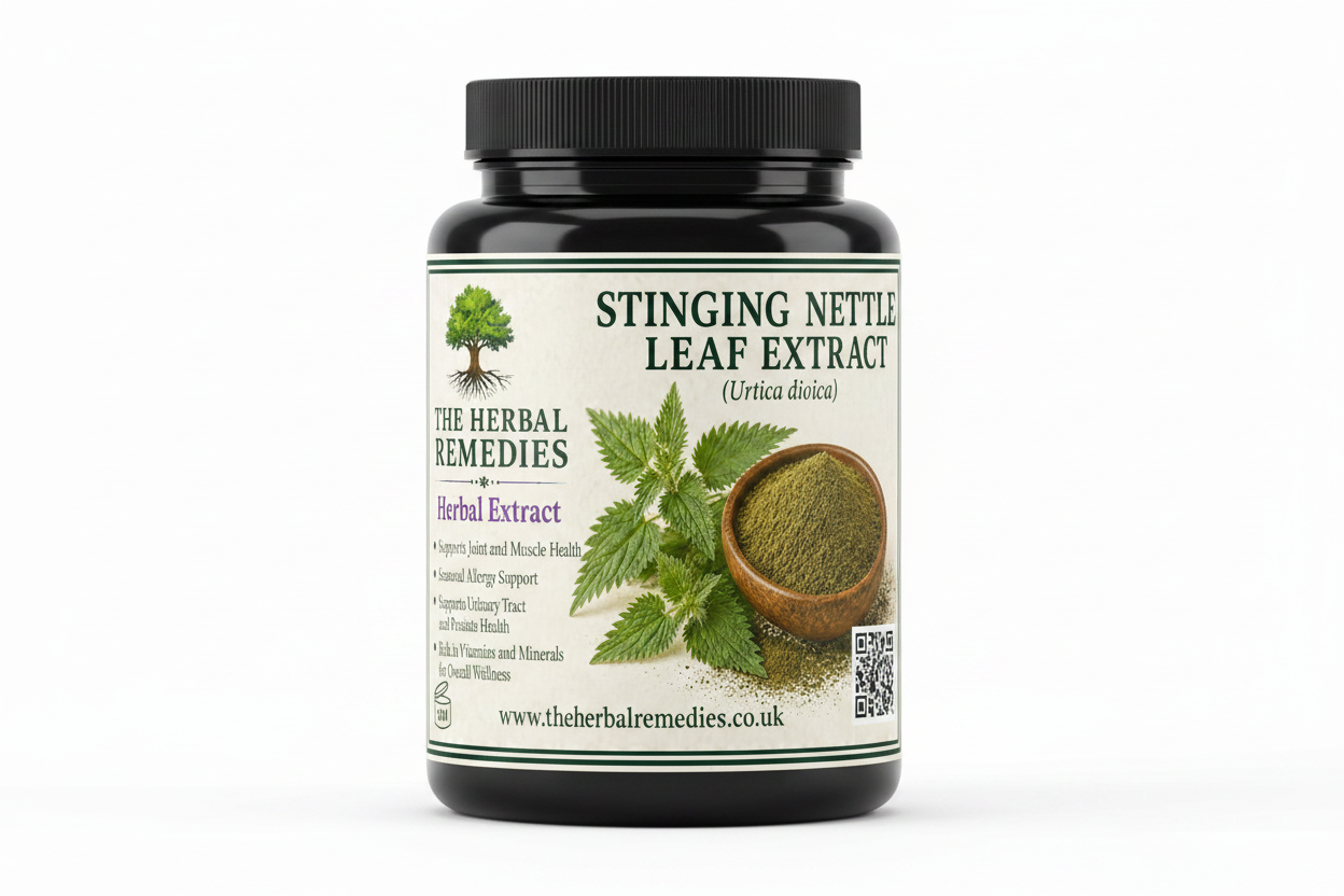 Stinging Nettle Leaf Extract advertisement with leaves, powder, and branding details.