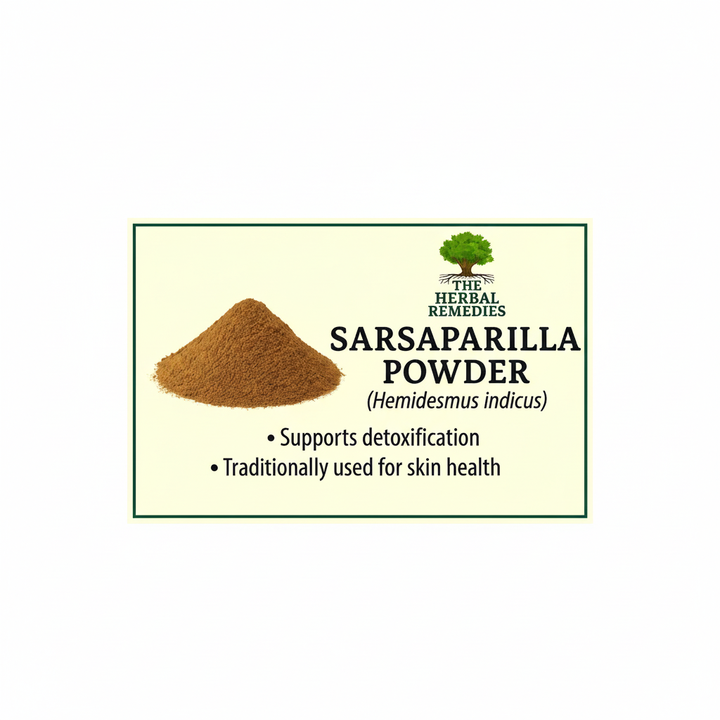 Sarsaparilla powder with text about its uses on a white background