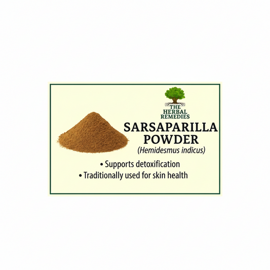 Sarsaparilla powder with text about its uses on a white background