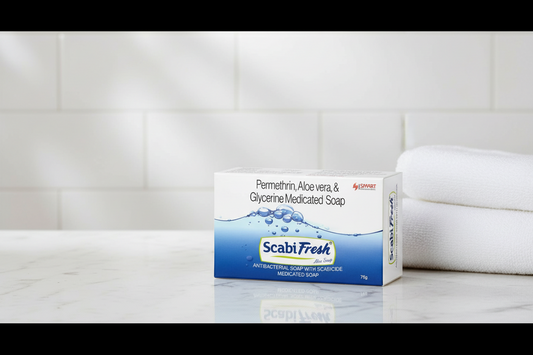 ScabiFresh soap packaging with blue and white design on a white background