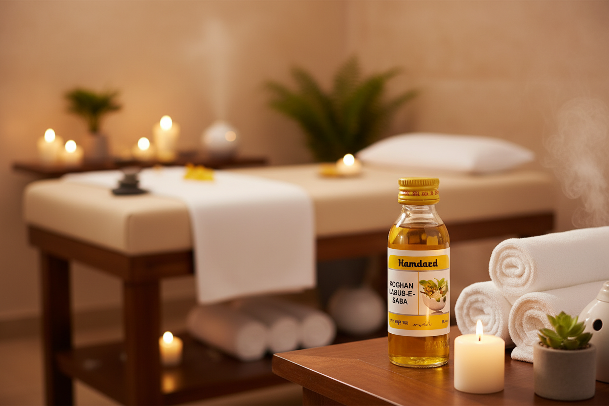 Bottle of Hamdard Roghan Labub-E-Saba on a white background