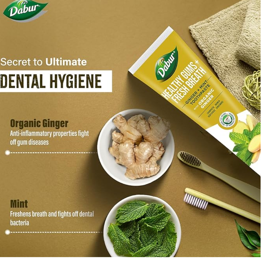 Dabur Healthy Gums + Fresh Breath Toothpaste – Ginger & Mint | Organic Formula | 100 ml