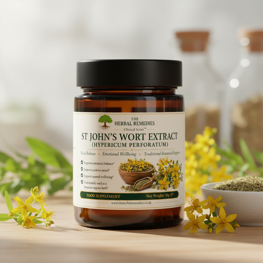 Premium St John’s Wort (Hypericum perforatum) Extract, a traditional European botanical for positive mood, emotional wellbeing and mental balance.