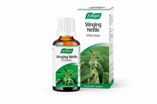 A Vogel Stinging Nettle Urtica Drops bottle and packaging on a white background