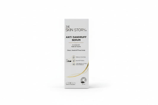 The Skin Story Anti Dandruff Serum packaging on a beige surface