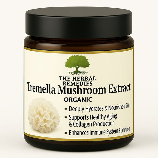 Jar of Tremella Mushroom Extract with a black lid on a white background