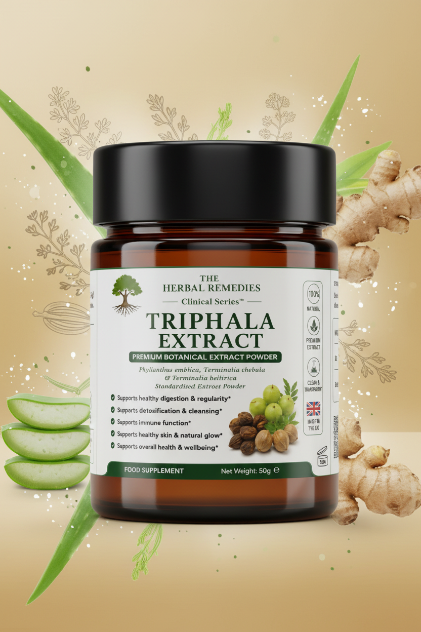 Premium Triphala Extract traditionally used to support digestive health, gut wellness, natural detoxification, bowel regularity and antioxidant protection.
