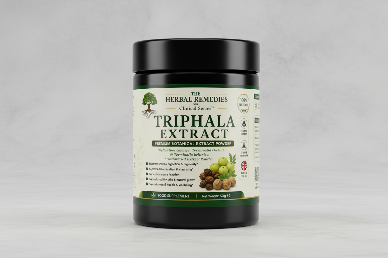 Label of Triphala Extract from Herbal Remedies with ingredients and benefits listed.