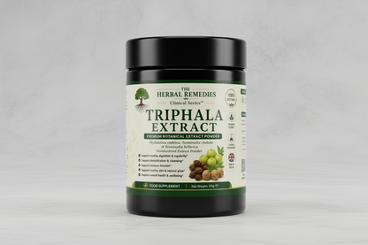 Label of Triphala Extract from Herbal Remedies with ingredients and benefits listed.