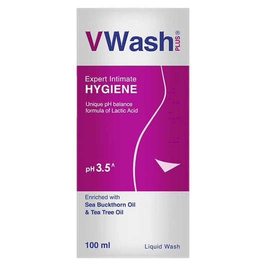 VWash Plus intimate hygiene product packaging on a white background